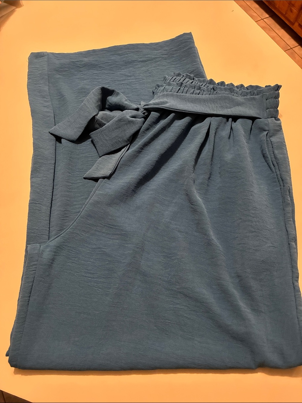 Smocked-Waist Wide Leg Pants with Removable Tie in Dusty Teal